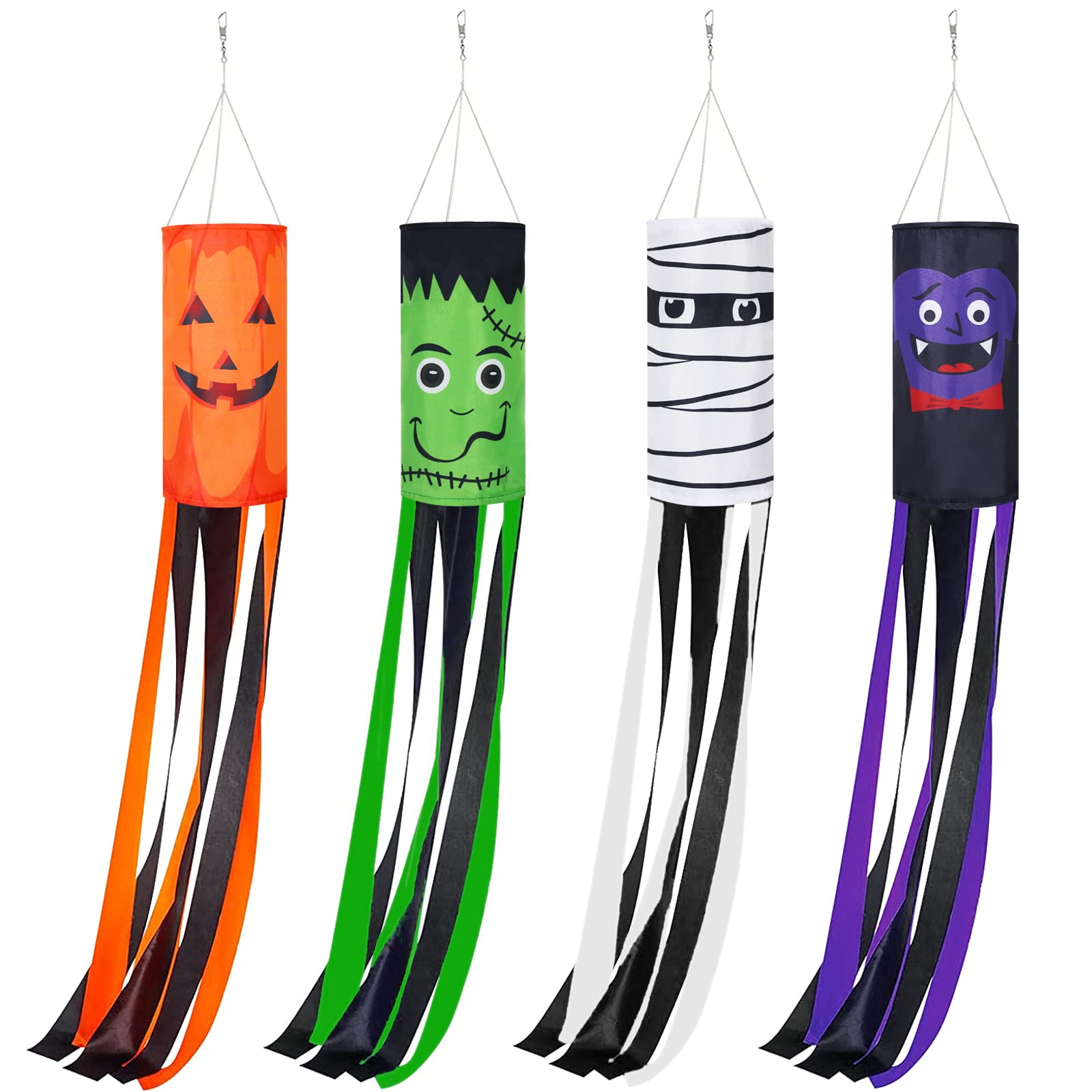 AnyDesign 4Pcs Halloween Windsocks Flag 39 Inch Cartoon Flag Wind Socks Pumpkin Vampire Zombie Monster Outdoor Hanging Decoration for Home Yard Patio Lawn Garden Tree Party Supplies