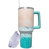 ZNYYZYBA 40 oz Tumbler With Handle and Straw, Stainless Steel Insulated Beach Tumbler, Reusable Coffee Mug With Leak Proof Lid, Gifts for Women