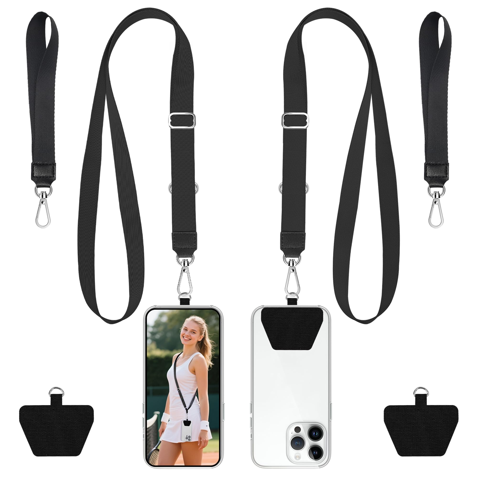 takyu Phone Lanyard, 2 Pack Adjustable Anti-Drop Neck/Wrist Strap with 2 Pcs Tether Patches, Secure Hands-Free Compatible for iPhone Samsung Perfect for Nurses, Teachers, Travel, Hiking Black