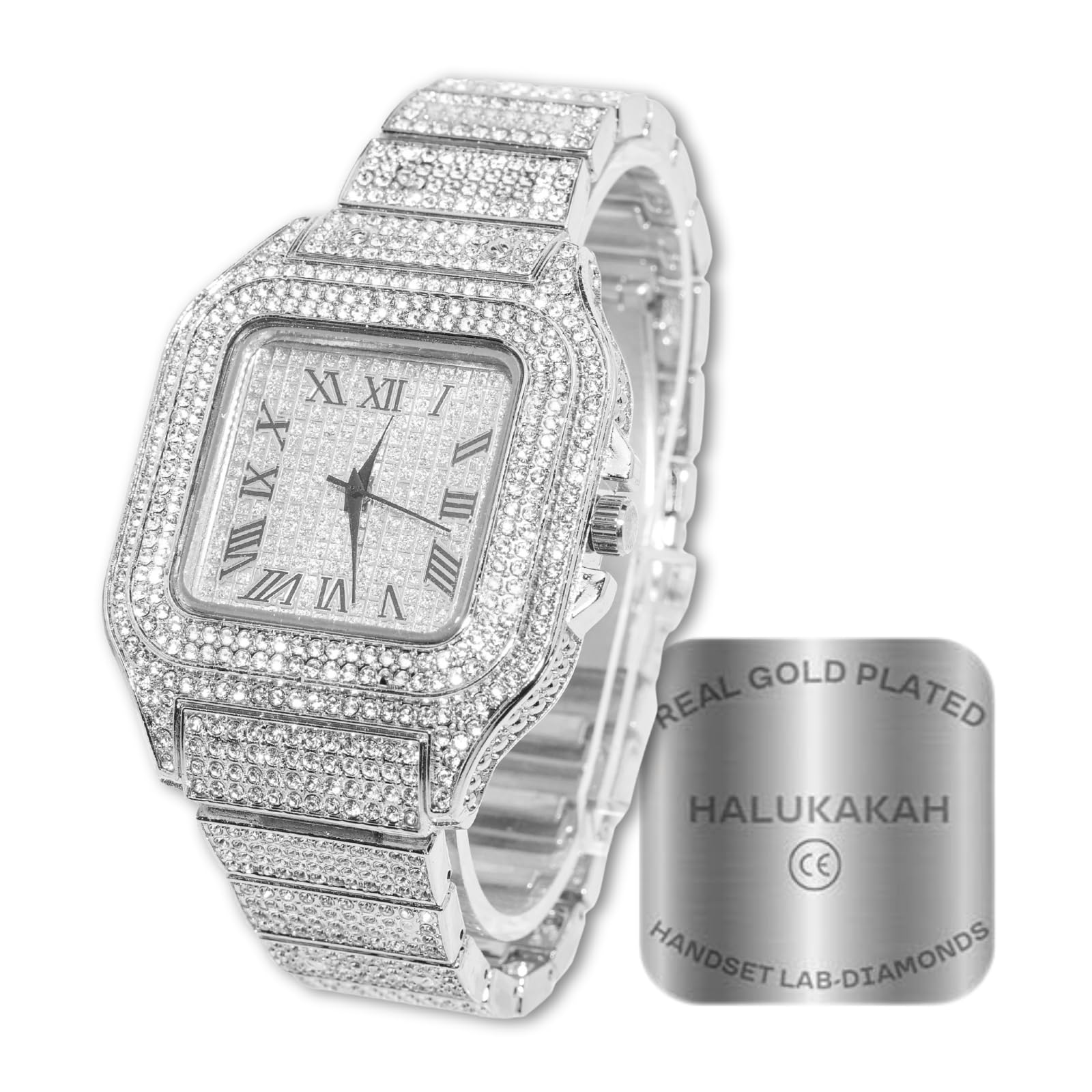 Halukakah Men's Diamond Watch ● King ● 18K Gold/Platinum Plated, Rhinestone Bracelet Handset Laboratory Diamonds, Choice of Cuban Chain Necklace Bracelet, Gift Box Available