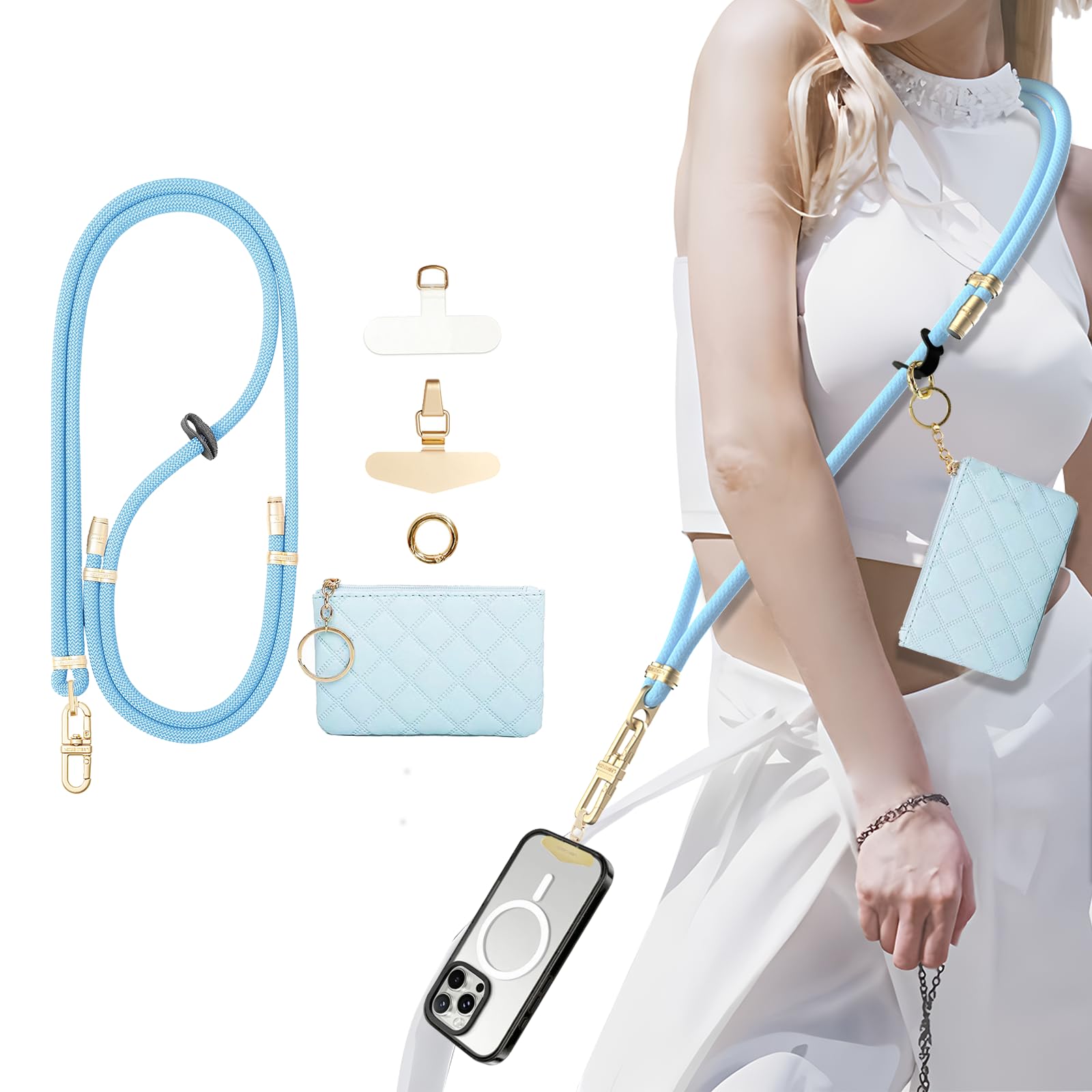 Phone Lanyard Crossbody with Leather Zipper wallet,2 Phone Tabs,360 ° rotation Premium Metal Buckles Anti theft Adjustable Lanyard,for All Phones,Skin-Friendly Neck Strap Stylish(Travel/Gym)