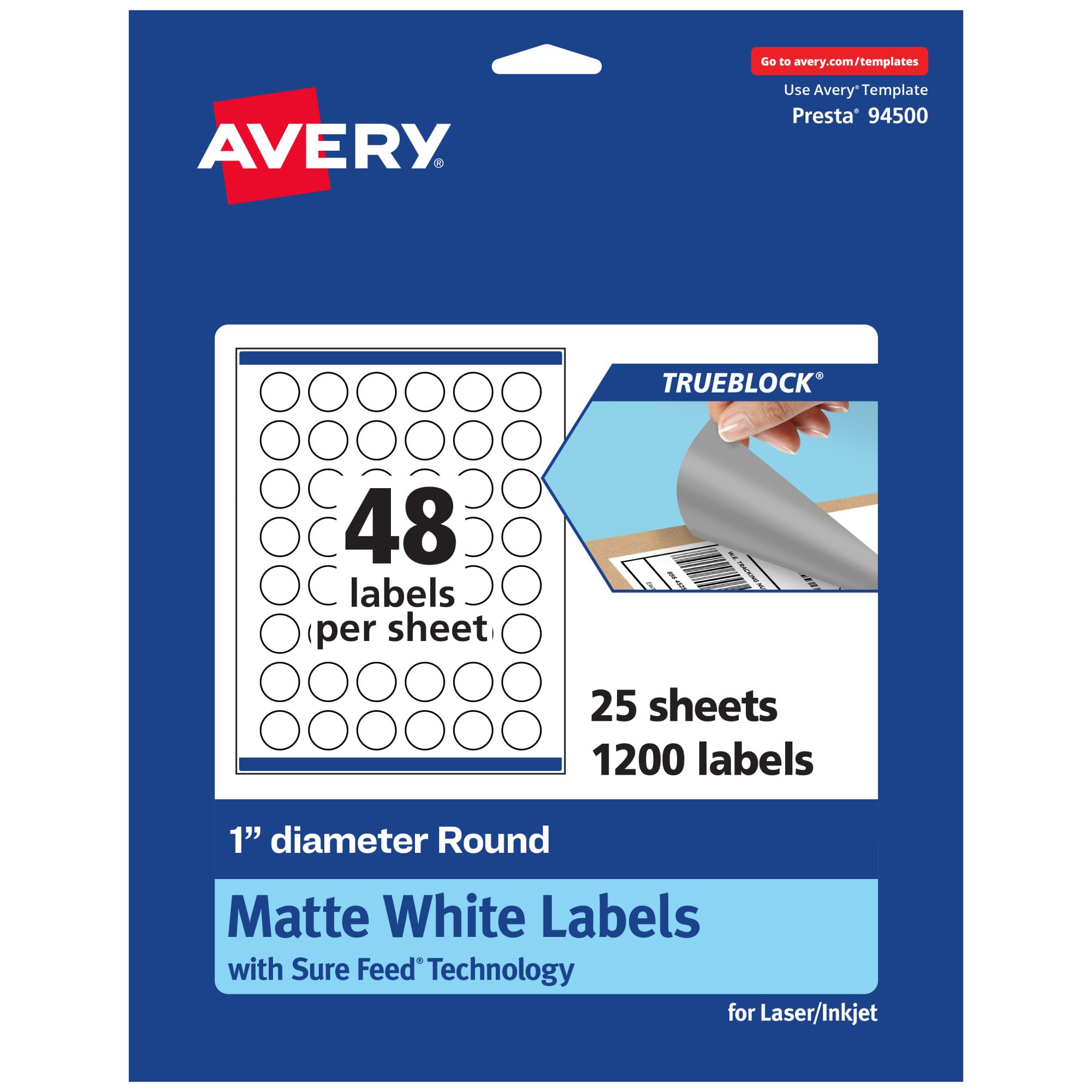 Photo 1 of Avery TrueBlock Matte White Round Labels, Sure Feed Technology, 1" Diameter, 1,200 Matte White Labels, Print-to-The-Edge, Laser/Inkjet Printable, Great for Product Merchandising Stickers