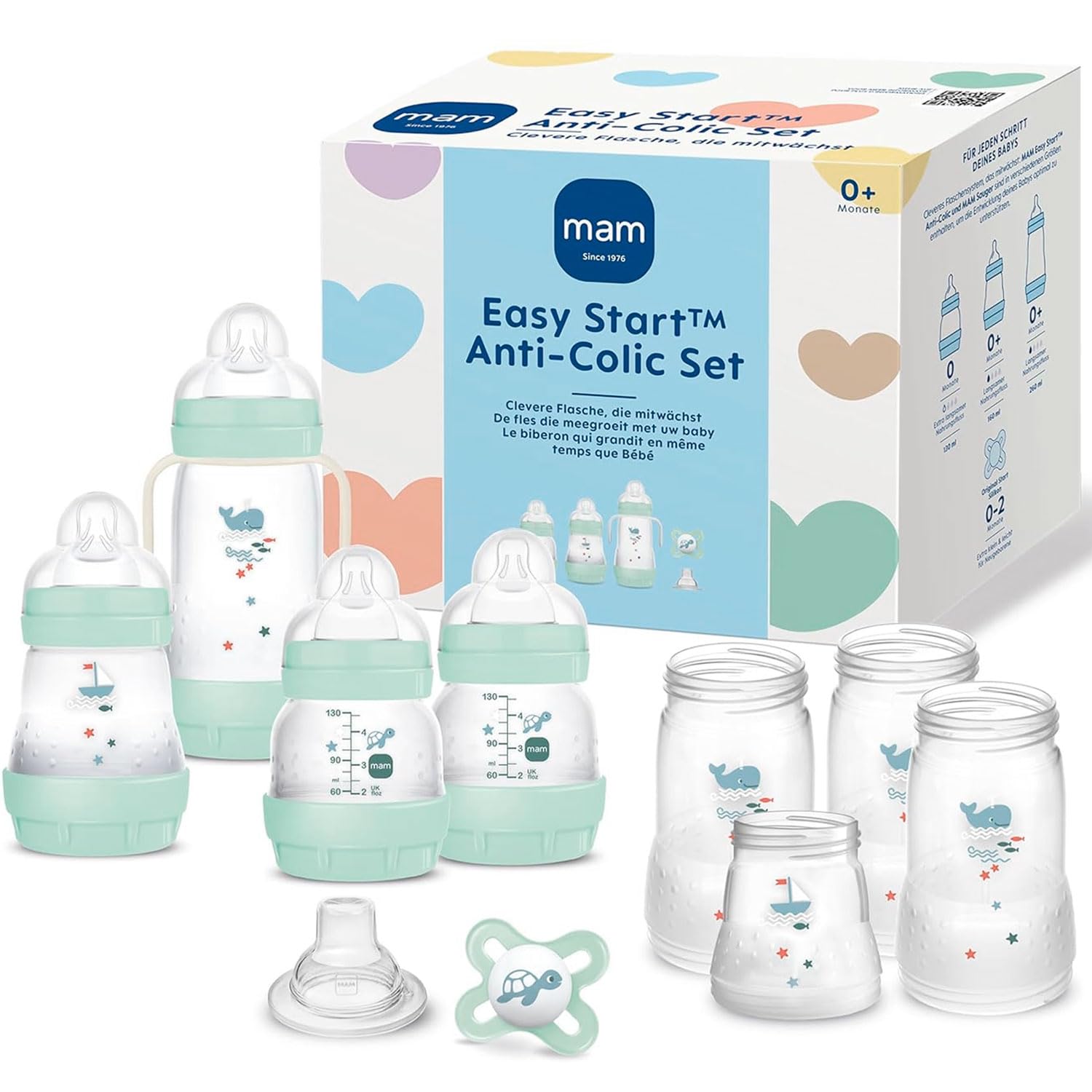 MAM Easy Start Self Sterilising Anti Colic Starter Set, Newborn Bottle Set and Soother, Newborn Essentials for Boys