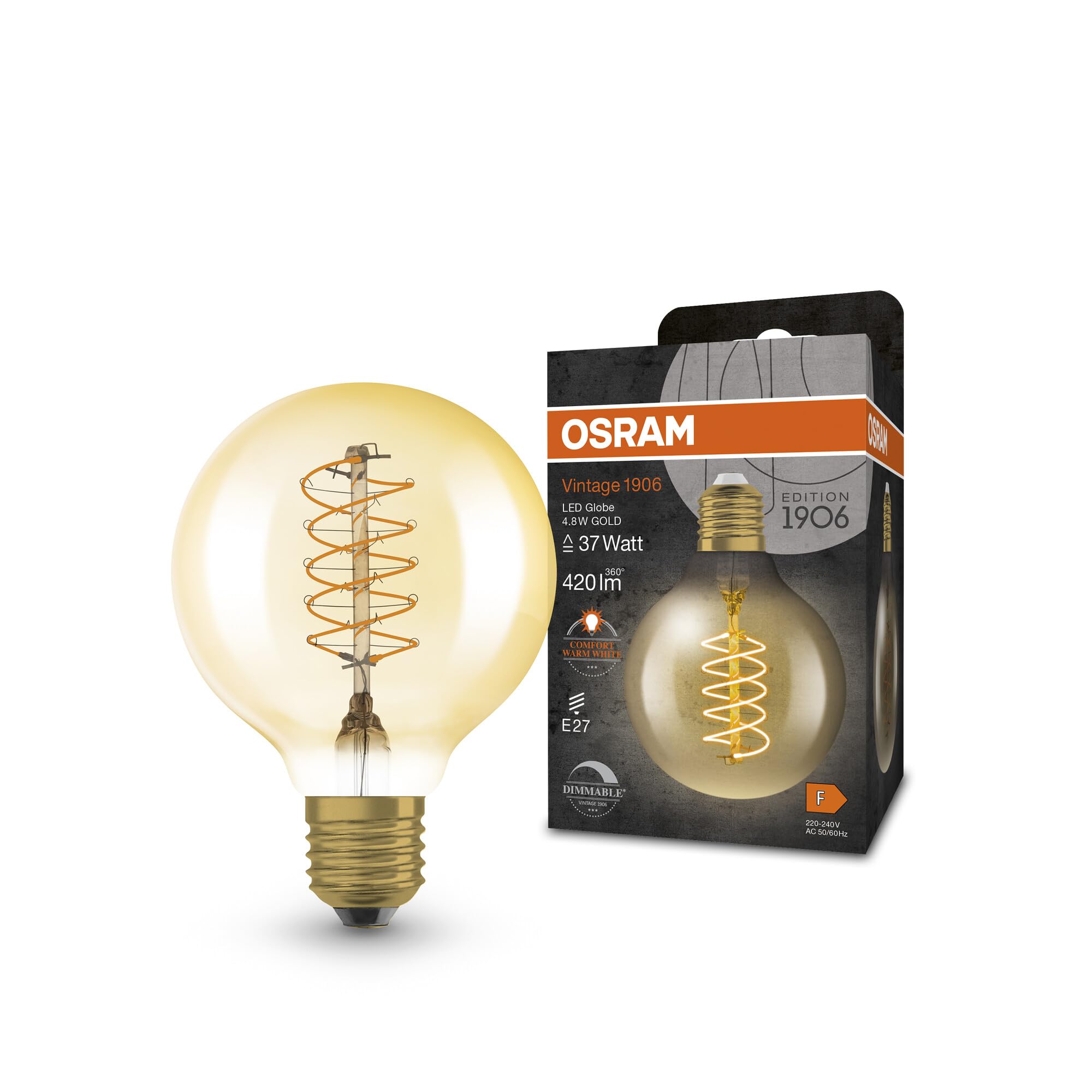 OSRAM Vintage 1906 Led Lamp with Gold Tint, 4.8W, 420Lm, Ball Shape with 80Mm Diameter and E27 Socket, Warm White Light Color, Spiral Filament, Dimmable, Up to 15,000 Hours of Lifespan