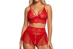 FEOYA Lingerie for Women Lace Bralette and Mini Skirt with Thong 3 Piece Floral Lace Sheer Nightwear Chemise S-XL