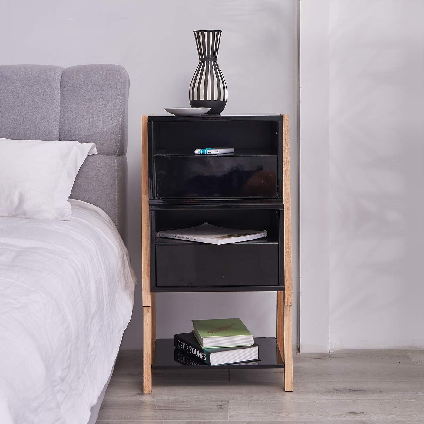 TaoHFE Nightstands Black, Bedside Table with Drawer, Storage Shelves: Kitchen & Dining