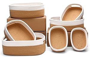 HLWDFLZ 7 Piece Cotton Rope Woven Basket Set - Woven Storage Basket Pets Toy Cotton Rope Basket for Organizing, Small Basket for Montessori, Dog Cat Toy Box, Baby Nursery (Off White/Jute)
