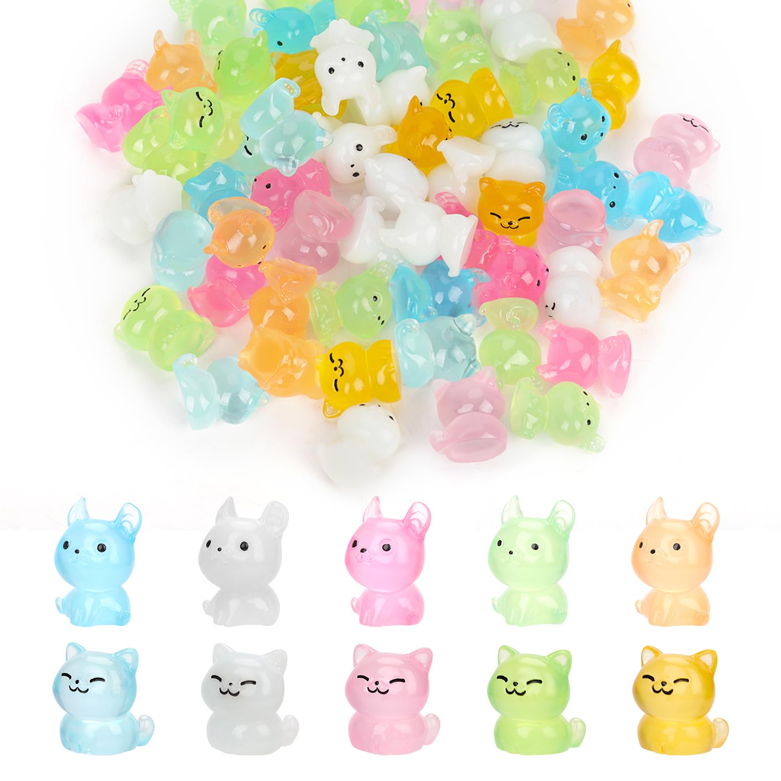 XIHIRCD 60pcs Luminous Miniature Cat Figurines, 2 Styles Mini Glow in The Dark Tiny Resin Animals Small Cat Statues for Dollhouse, Garden, Cake Decoration, DIY Craft