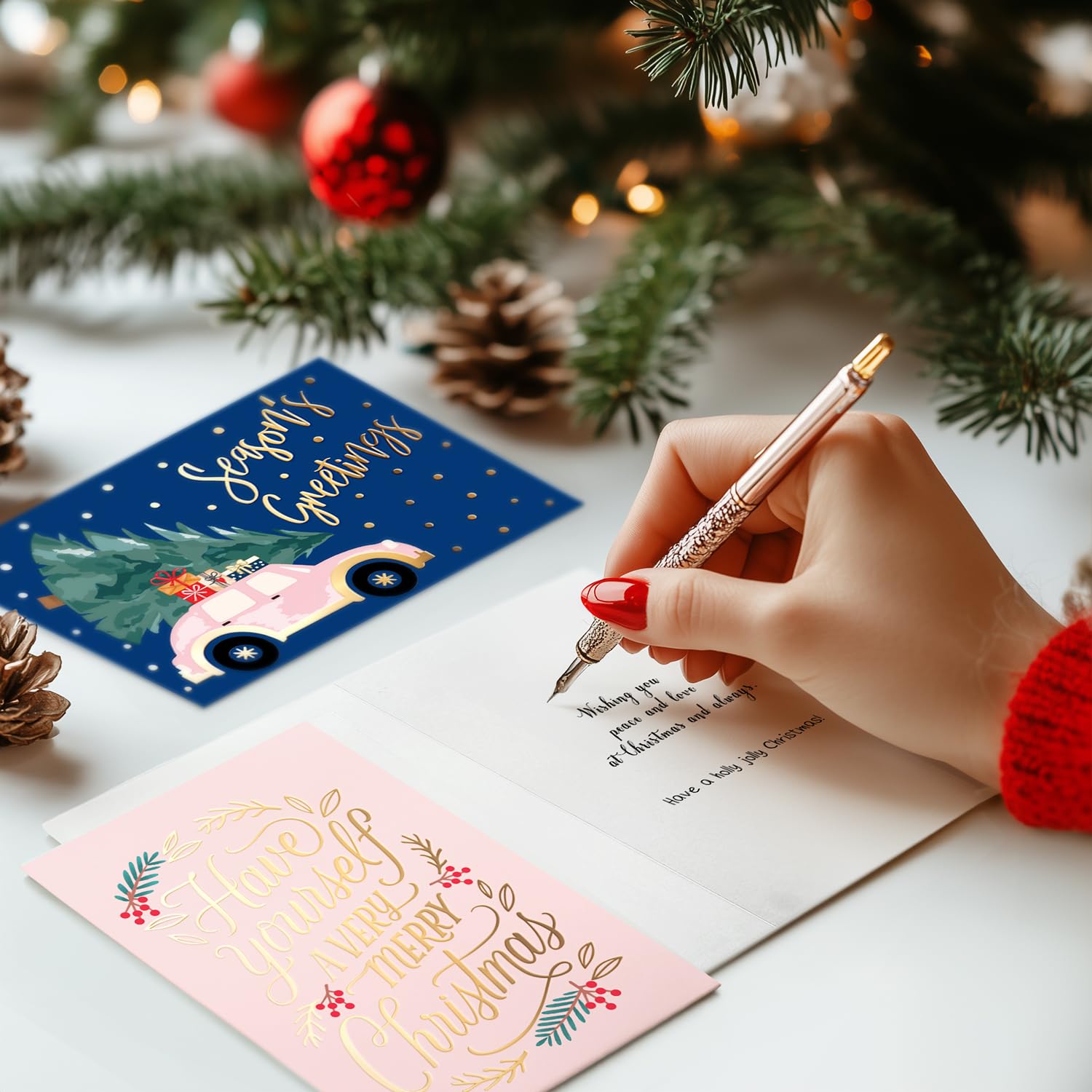 BGTCARDS 24 Pack Gold Foil Christmas Cards with Envelopes and Inside Messages 6 Assorted Designs Christmas Cards Bulk for Friends, Family, Kids, Boys, Girls.