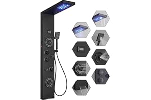 Bathfinesse Shower Panel LED Rainfall Waterfall Shower Head Light Bathroom Shower Panel Tower System Rain Massage 6-Functions with Handheld Shower Tub Spout Body Jet Temperature Display Wall Mount