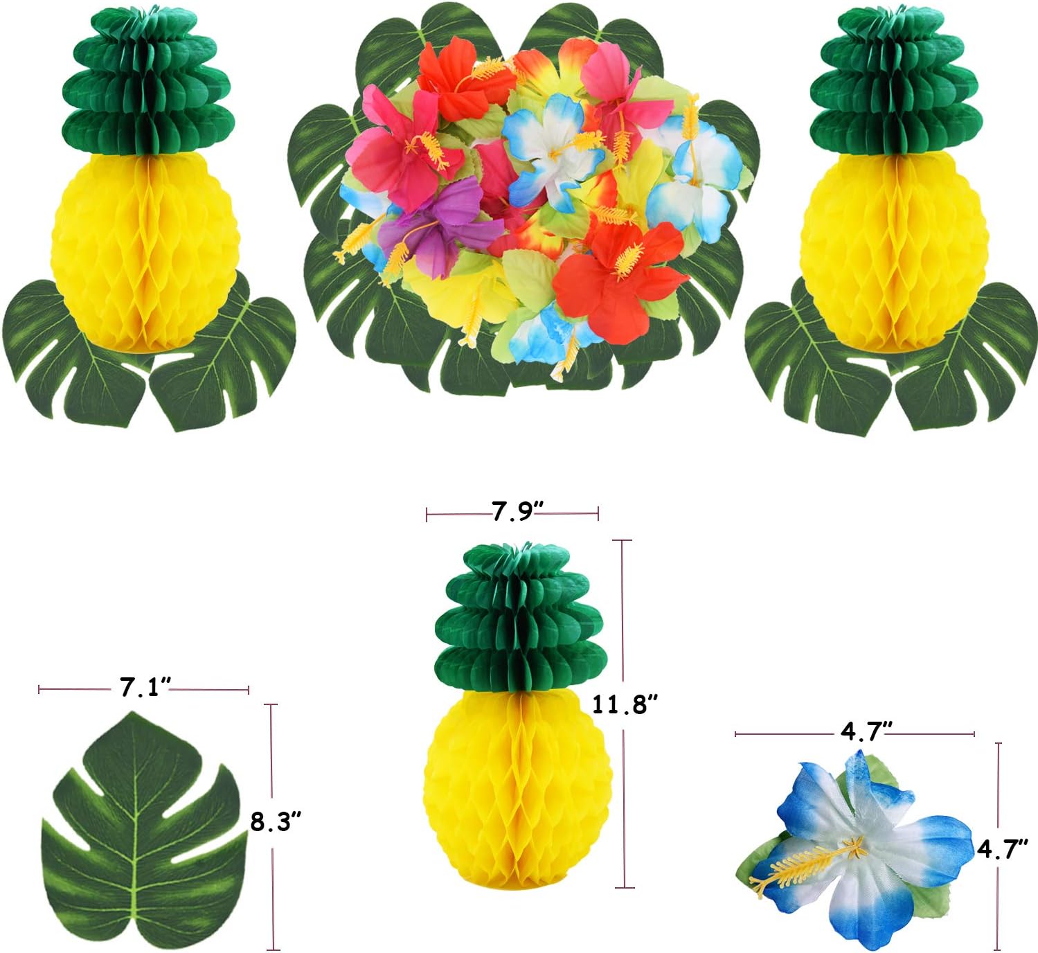 THAWAY Hawaiian Flamingo Pineapple Decor Luau Party Supplies Birthday Decorations includes Birthday Banner, Artificial Tropical Palm Leaves, Hibiscus Flowers, Tissue Paper Pineapples, Party Balloons: Toys & Games