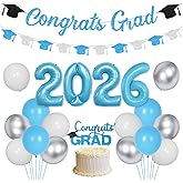 2026 Graduation Party Decorations, Sky Blue Class of 2026 Graduate Set - Congrats Grad Banner Cake Topper Bachelor Cap Garland Number 2026 Foil Balloons for High School College Party Supplies