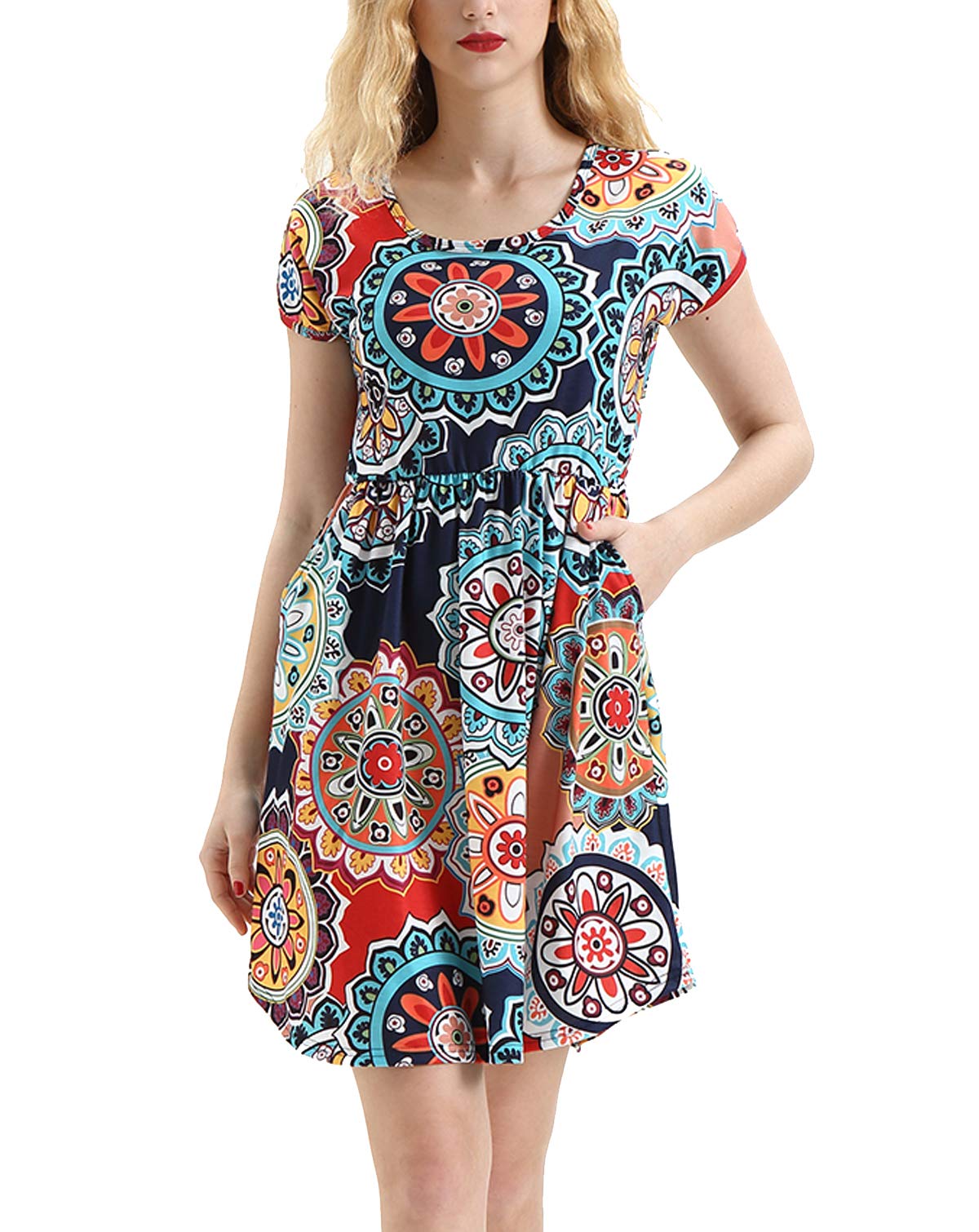 HUALAIMEI Women\'s Short Sleeve Floral Printed Long Tunic Casual Midi Dresses