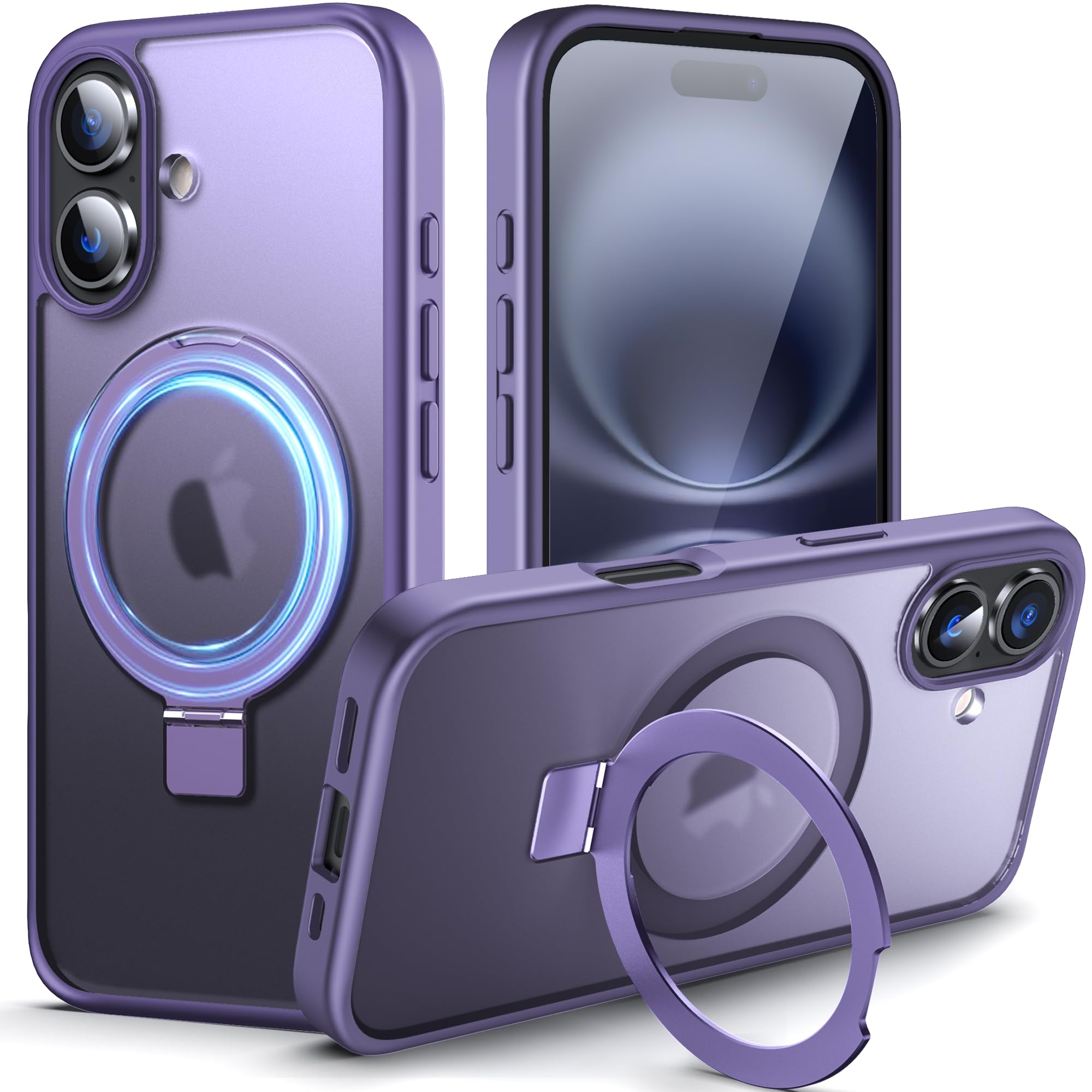 DASFOND Designed for iPhone 16 Case with Mag-Safe, 12 FT Military Shockproof, 20W Safe & Fast Charging, Translucent Matte Slim Velvety Touch, Magnetic Kickstand iPhone 16 Cover 6.1", Purple