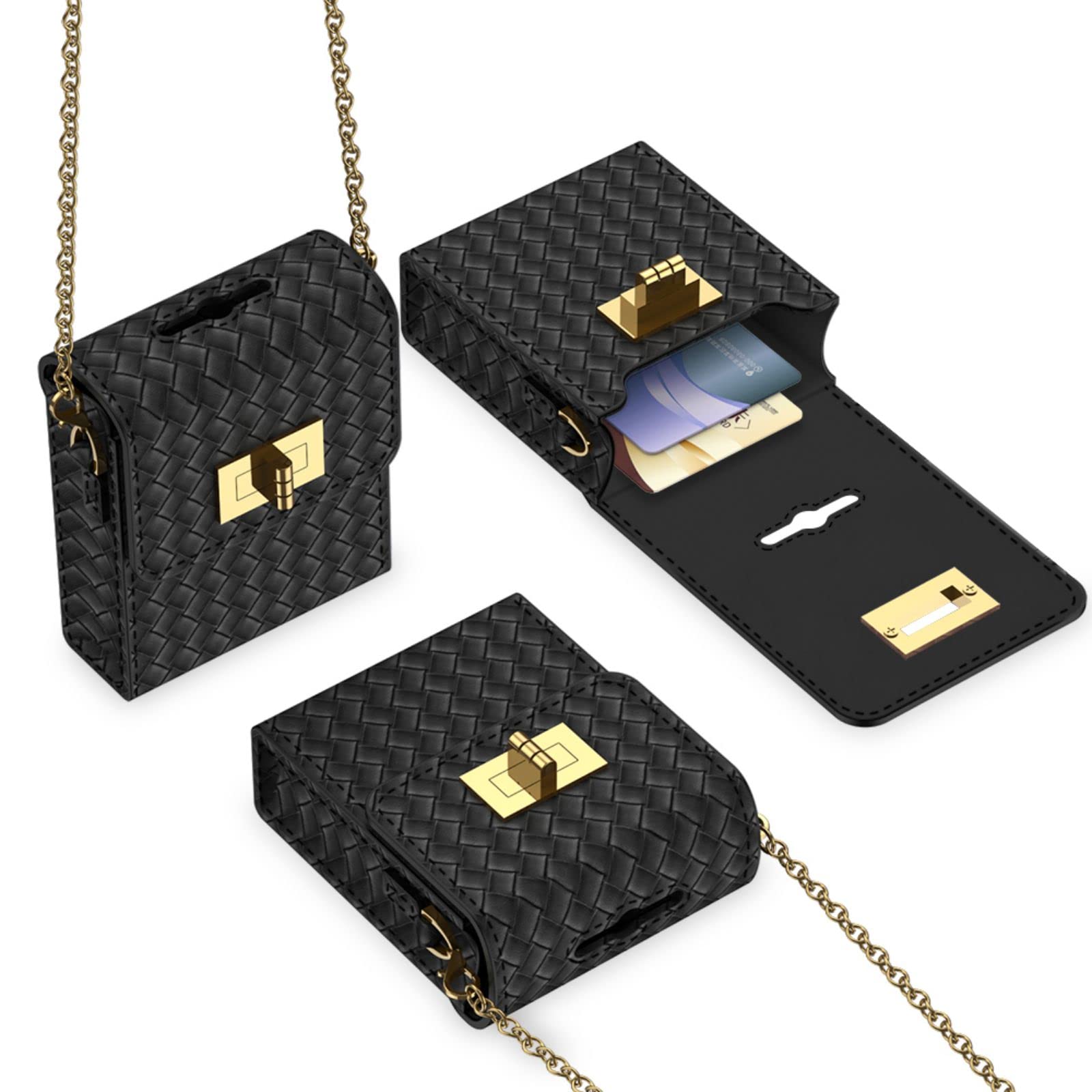 COQUE Huawei P50 Pocket phone case with gold-plated chain mini bag and folded phone cross-body strap card slot-Black