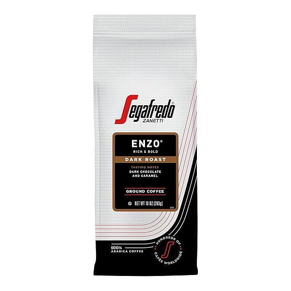 SEGAFREDO ZANETTI GROUND COFFEE – MADE WITH ARABICA COFFEE – DARK ROAST, SMOKY WITH HINTS OF ROASTED NUTS & DARK CHOCOLATE – SOUTH AMERICAN BLEND – RICH, FULL-BODIED – ENZO, 10OZ BAG