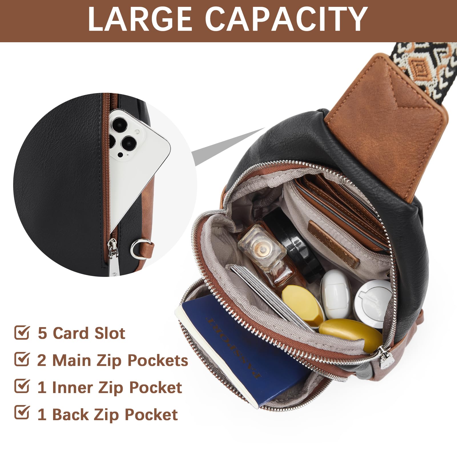 BOSTANTEN Sling Bag for Women Leather Crossbody Bag Vintage Cross Body Purse for Travel with Guitar Strap, Bohemian Style