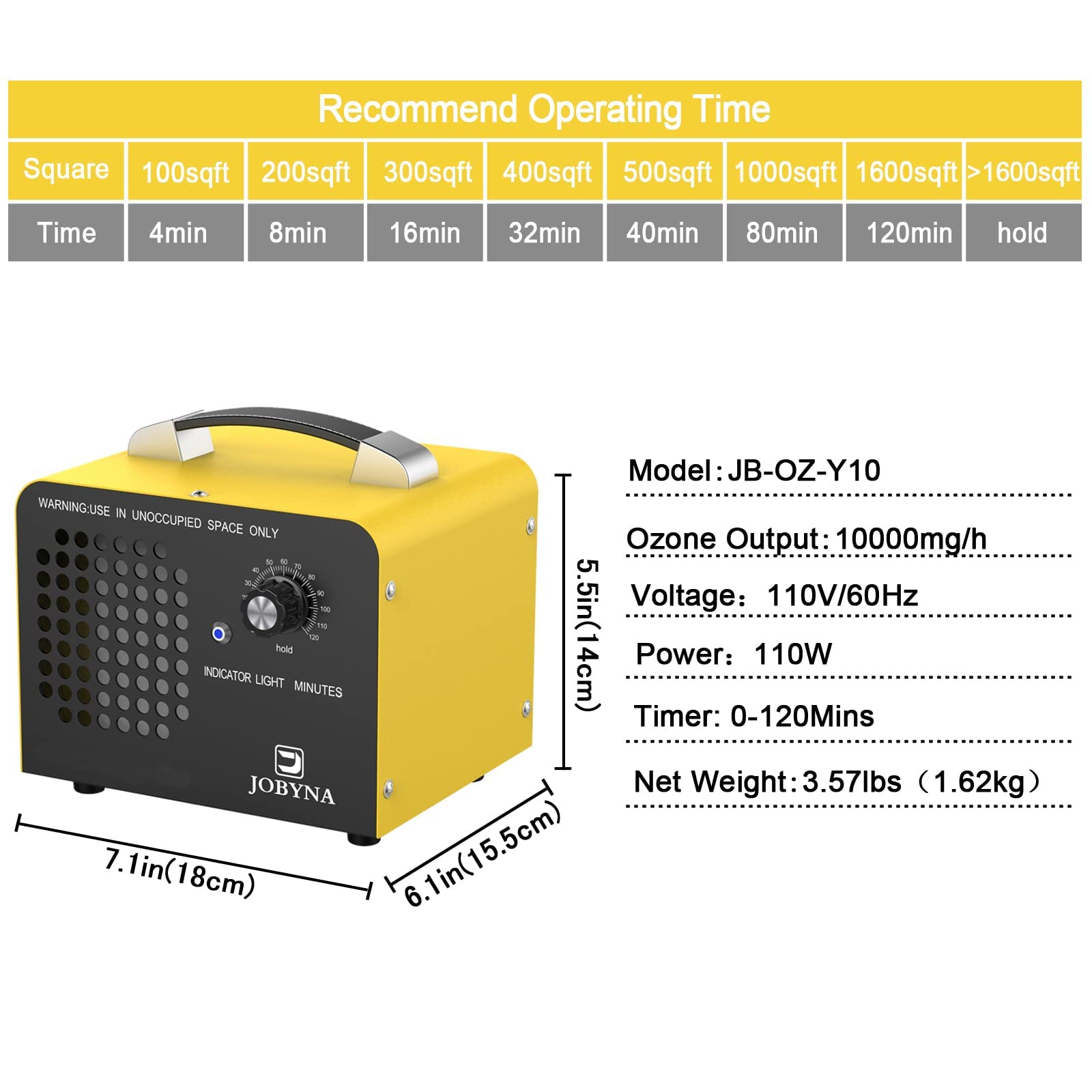 JOBYNA Ozone Generator, 10,000mg/h Remote Control Timing Ozone Machine, High Capacity Industrial/Commercial/Home Ozone Generator for Rooms, Smoke, Cars (Include Batteries)