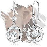 S925 Sterling Silver Floral Heart Drop Earrings Sparkle Dancing Cubic Zirconia Flower Love Heart Fish Hook Earrings Hypoallergenic Elegant Jewelry for Her Women Wedding Christmas