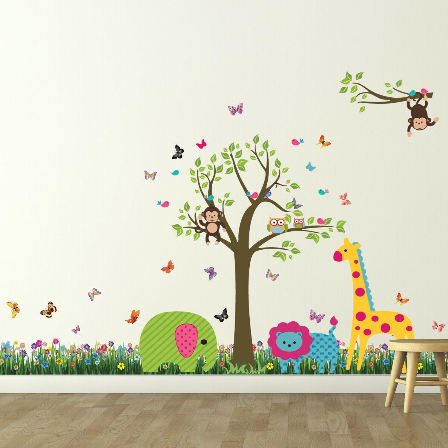 Removable Self-Adhesive Wall Stickers British Colourful Grass Animal Tree Mural Art Decals Vinyl Home Decoration DIY Nursery Wallpaper Kids Room Gift 188x156 cm, Multi-colour
