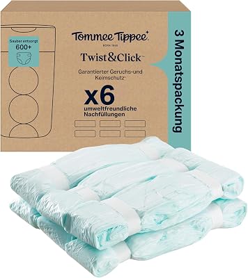 Twist & Click Nachfüllfolie für Windeleimer, 6er-Pack, je 10,5 m, mehrlagige antibakterielle* Folie, passend für Twist & Click Kassette, 6 x 10,5 m