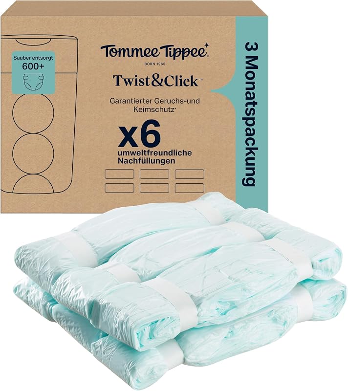 Twist & Click Nachfüllfolie für Windeleimer, 6er-Pack, je 10,5 m, mehrlagige antibakterielle* Folie, passend für Twist & Click Kassette, 6 x 10,5 m