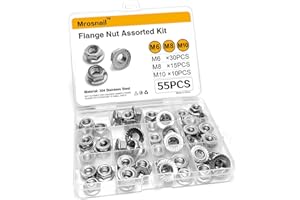 Mrosnail 55Pcs Flange Nut Assortment Kit - Metric M6, M8, M10 Stainless Hex Flange Nuts Steel for DIY Projects, Automotive Repairs, and Home Improvement
