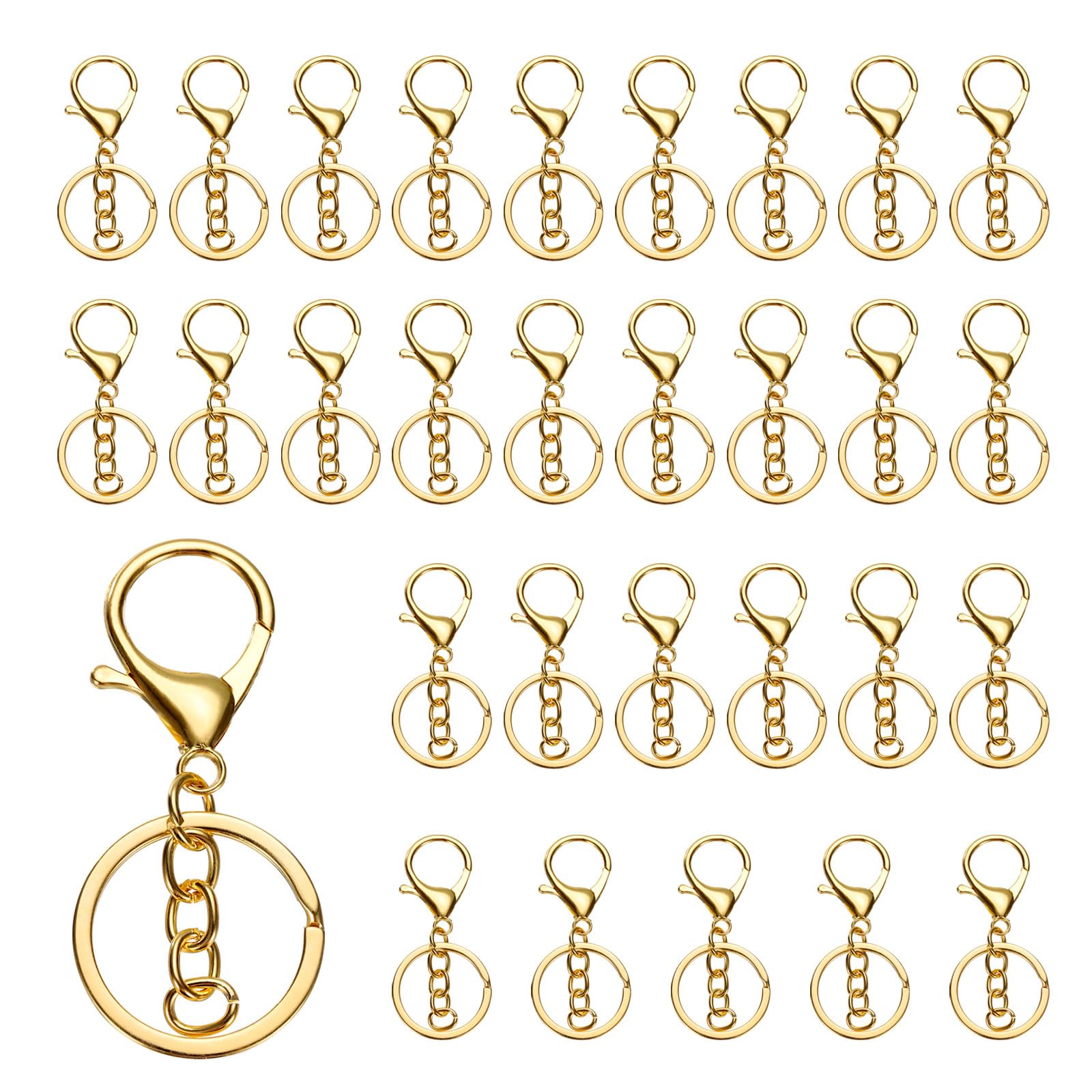 uxcell Lobster Claw Clasps Keychain, 30 Pcs Lobster Claw Clasp Hook with Flat Split Keychain Ring and Chain for DIY Craft Key Chain Accessories, Gold