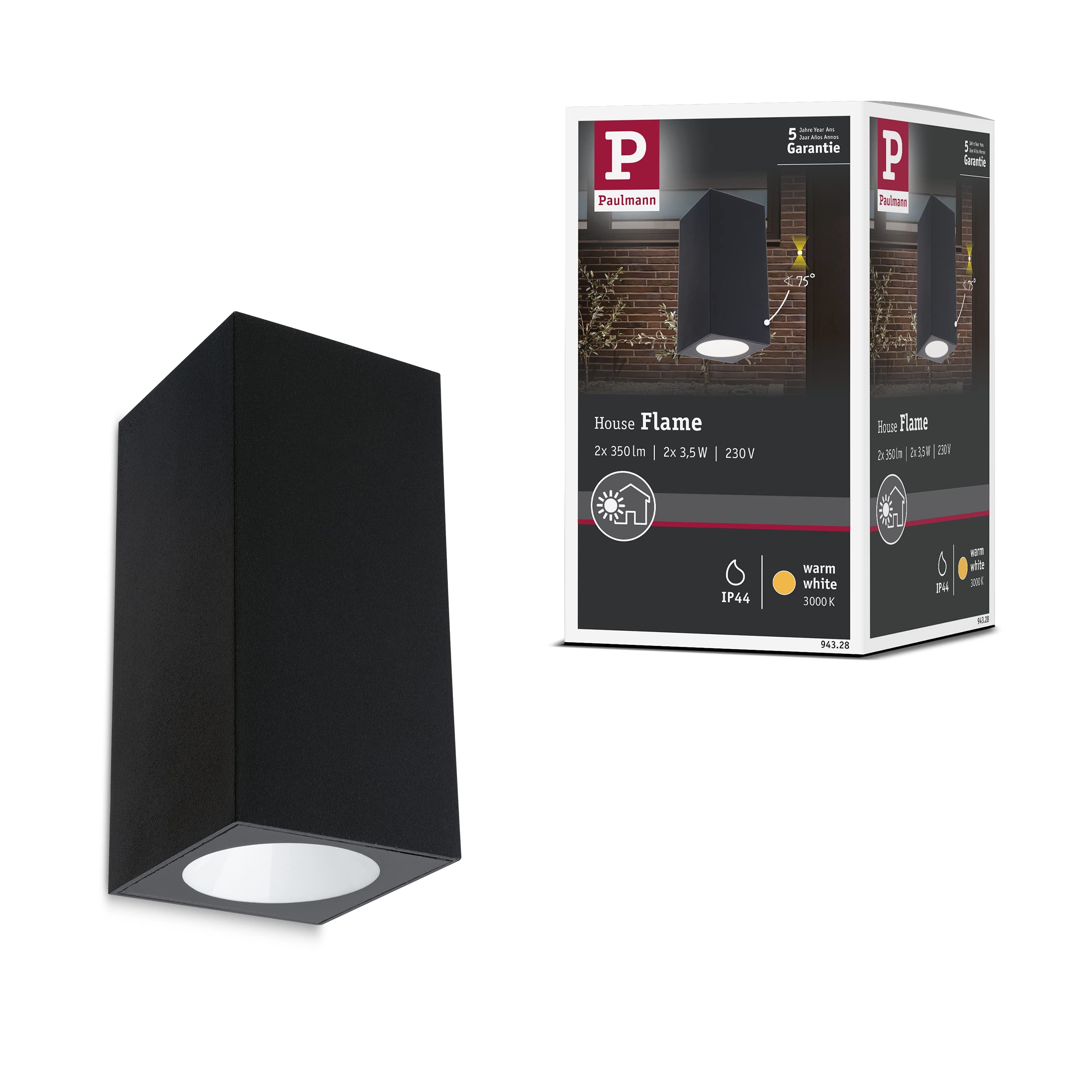 Paulmann 94328 LED Exterior luminaire 2-Piece Set Exterior Wall luminaire Flame IP44 Warm White Rectangular incl. 2x2.8 watt Outdoor Lighting Anthracite Outdoor lamp Aluminium Garden lamp 3000 K