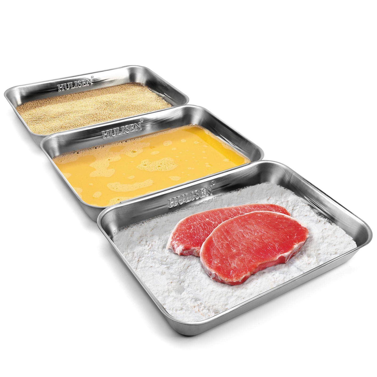 Photo 1 of HULISEN Breading Trays Set of 3, Large Stainless Steel Breading Pans for Dredging Chicken Breasts and Marinating Meat, Interlocking Food Prep Trays for Coating Fish and Breadcrumb Dishes, Oven Safe