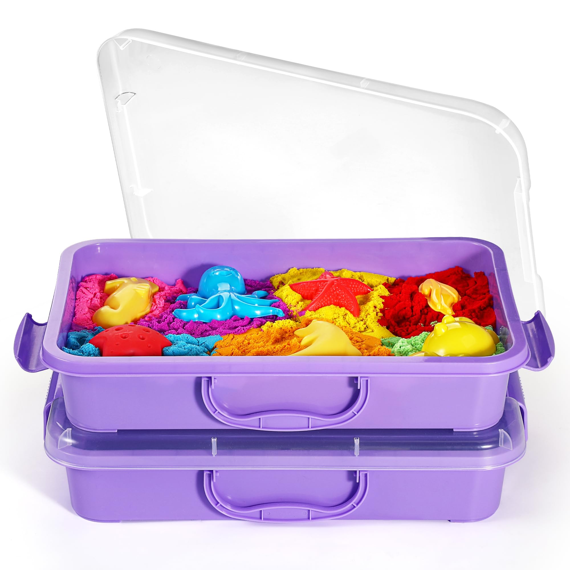 sikmcle Sandpit Sensory Bin with Lid and Handle, Portable Sensory Sandbox Container for Children, Plastic Activity Tray for Toddlers - (Pack of 2, Purple)