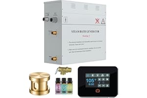 SaunaSpa Builders Series 7.5kW Steam Bath Generator with Quickstart Continuous Steam, Black Digital Touch Pad, Built-in Auto-Drain, and Aroma Steamhead in Gold Finish