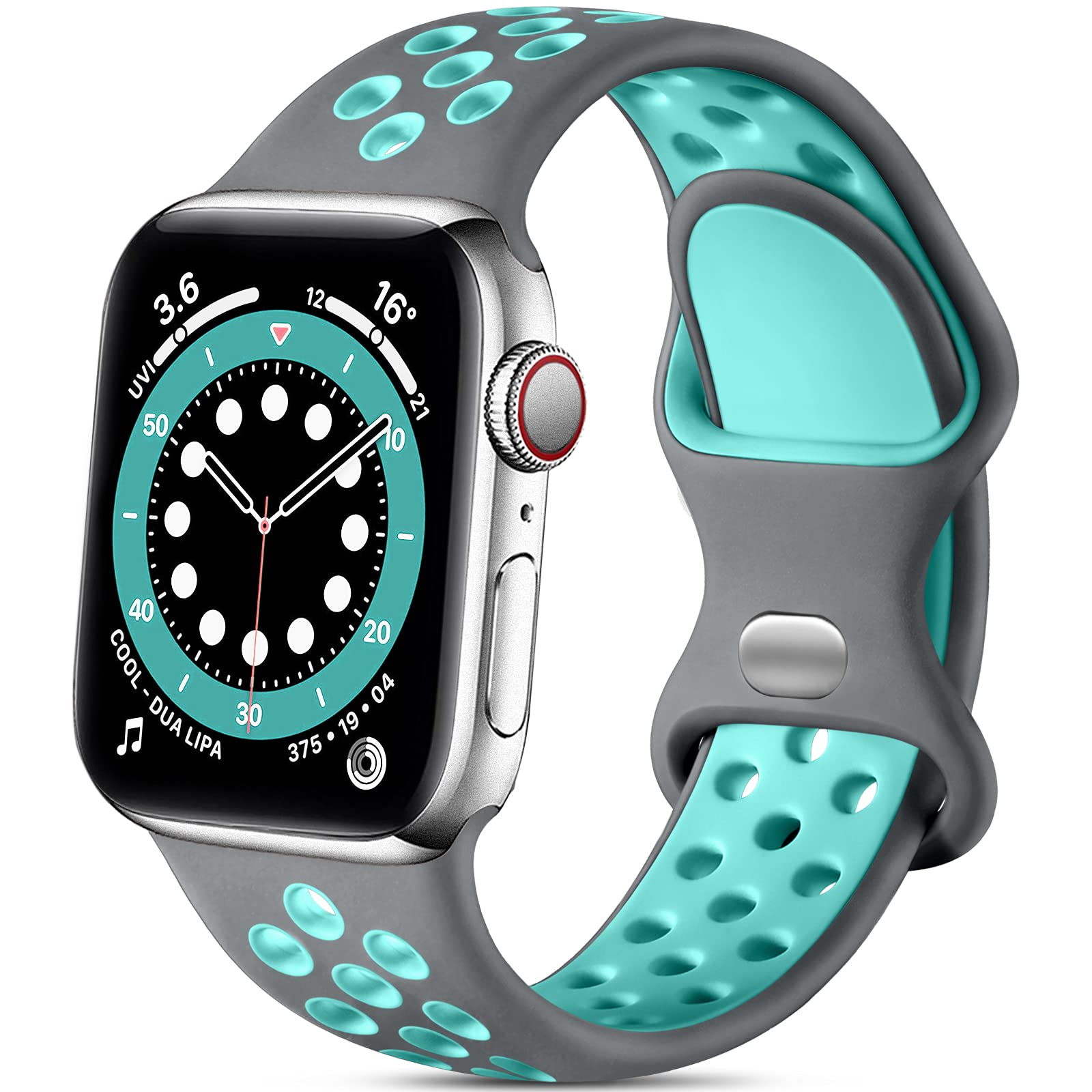 Epova Silicone Sport Strap Compatible with Apple Watch Strap 42mm 44mm 45mm 46mm 49mm, Breathable Replacement Straps for Apple Watch Ultra/iWatch SE 3 Series 11 10 9 8 7 6 5 4 3, Gray/Teal, Large