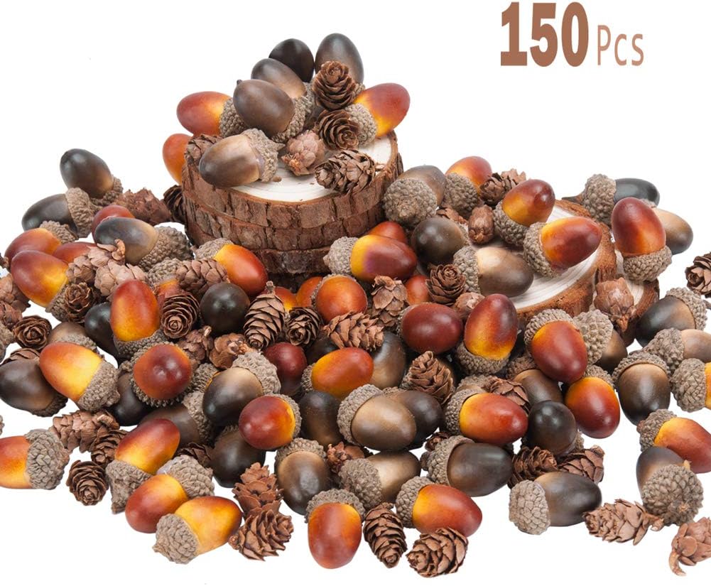 Toopify 100 Pcs Artificial Acorns with 50 Pcs Fake Mini Pinecones for DIY Craft, Fall Thanksgiving Home Outdoor Decor (2 Color,1.4" X 0.8")