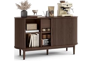 LINSY HOME Sideboard Buffet Cabinet with Storage, 55" Fluted Coffee Bar Cabinet with Tambour Sliding Doors and Drawer, Mid Century Modern Wood Storage Buffet Table for Kitchen, Vintage Walnut