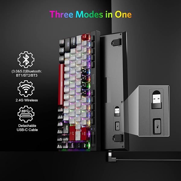 REDRAGON K635 HOT SWAPPABLE MECHANICAL KEYBOARD CUSTOMIZED RGB BACKLIT WITH VOLUME CONTROL, BLUETOOTH/2.4G-WIRELESS/USB-C COMPACT GAMING KEYBOARD WITH RED SWITCHES(68+10KEYS)