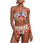 MakeMeChic Women's High Waisted Bikini Set Floral One Shoulder Boho Swimwear Bathing Suit Swimsuit