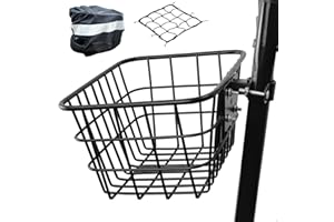 Mkuero Bike Basket with Cargo Net and Cover, Scooter Basket with Fixed Holder, Metal Electric Bicycle Basket for Jetson Electric Bicycle, Scooter, Knee Scooter and Electric Bicycle