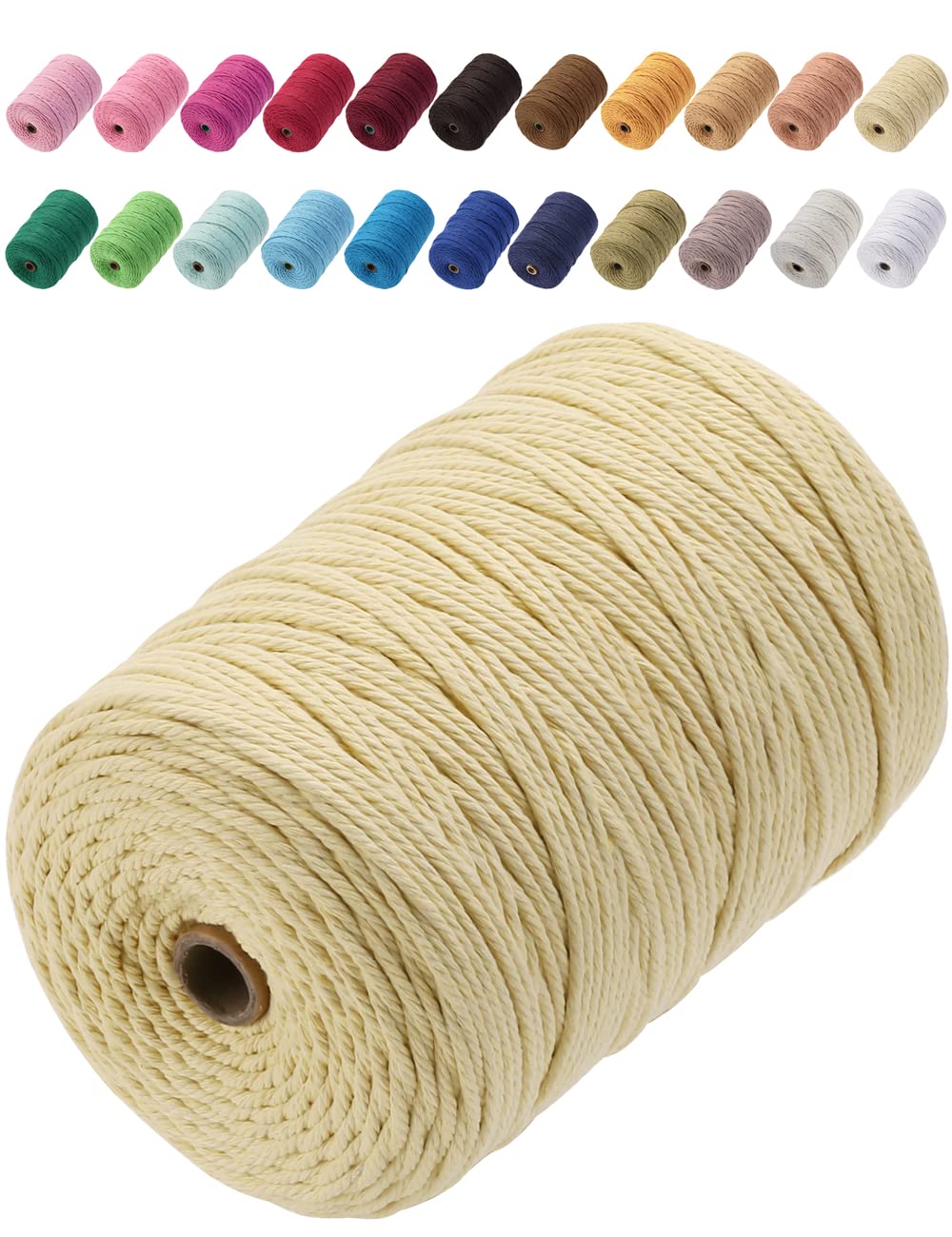 GOHOF Macrame Cord 3mm x 200m Premium Cotton Macrame Rope, 4 Strand Twisted Soft Cotton Cord, Light Yellow — image 1