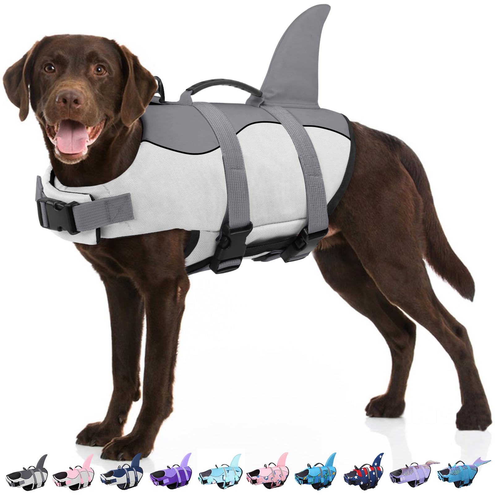Photo 1 of Bess Bridal Dog Life Jacket - Shark Life Vest for Swimming Boating - Reflective Lifejacket Swimsuit for Small Medium Large Dogs - High Buoyancy Lifesaver Preserver with Rescue Handle, Grey Shark L