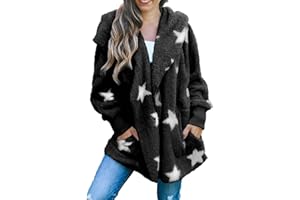 LMSXCT Womens Star Print Open Front Hooded Long Sleeve Cardigan Coats Slouchy Solid Fuzzy Fleece Outwear with Pockets