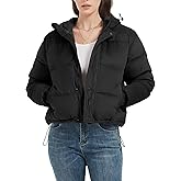 Flygo Puffer Jacket Womens Cropped Corduroy Hooded Winter Jackets Warm Quilted Long Sleeve Bubble Down Coats