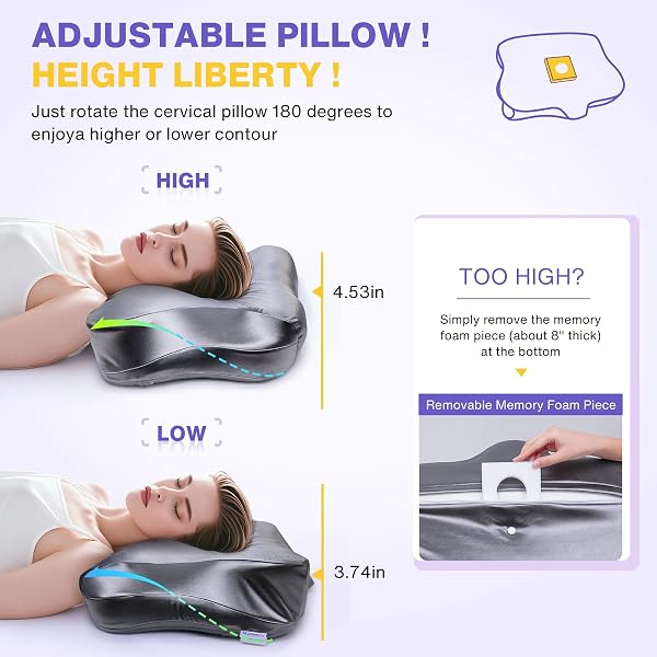 MIMCAT PAIN RELIEF COOLING PILLOW FOR NECK SUPPORT ADJUSTABLE CERVICAL PILLOW SIDE SLEEPING MEMORY FOAM WITH SUPER SOFT AND COOLING SATIN PILLOWCASE GREY