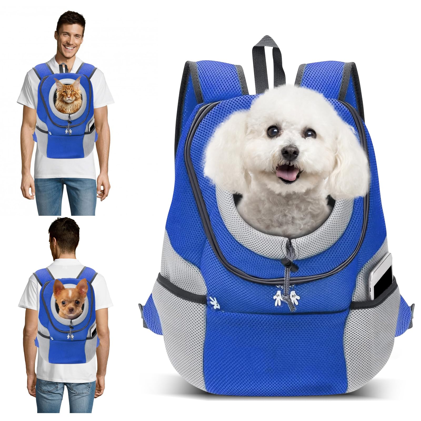PETCUTE Breathable Pet Carrier Backpack for Small Dogs Cat Up to 6.8KG,Hands-Free Pet Travel Bag with Head-Out Design and Waterproof Bottom,Adjustable Cat Backpack for Hiking & Travel,Blue,L