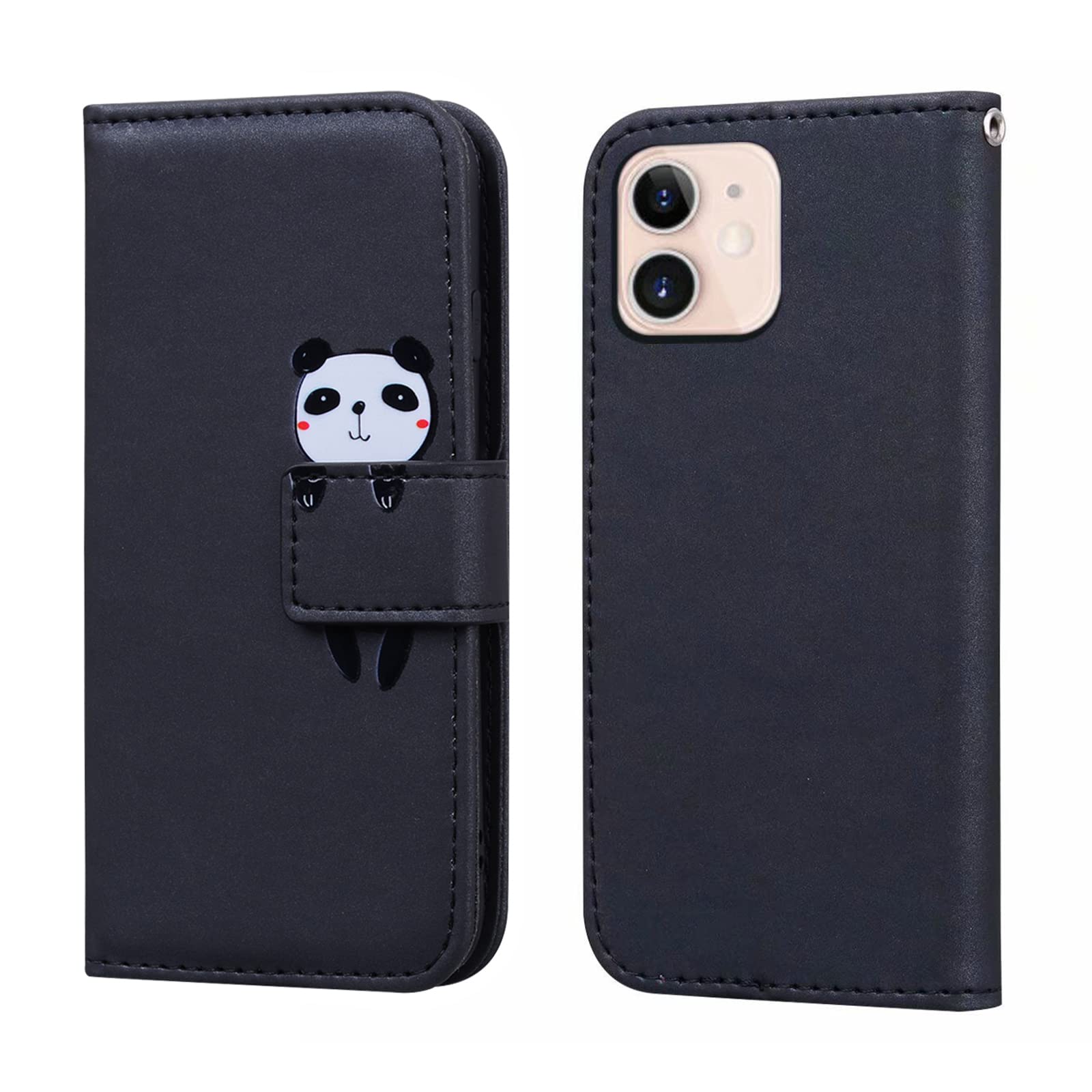 Bartern Flip Case for iPhone 12/iPhone 12 Pro, PU Leather Wallet Case with Card Slot Kickstand Magnetic, Cartoon Folio Phone Case Cover, Panda Black