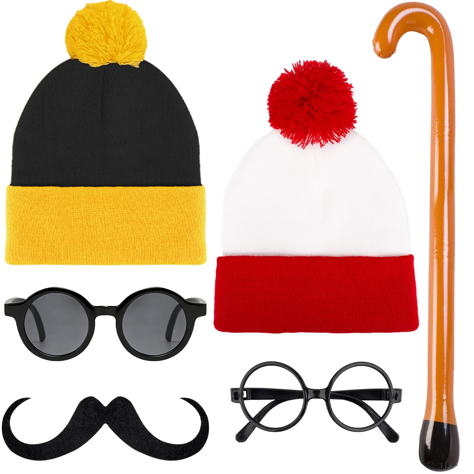 KMLGY 6 PCS World Book Week Costume Set - 2 Beanie Hats 2 Glasses Fake Cane Mustache For World Book Day Character Dress Up Accessories