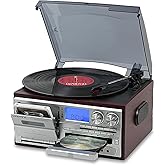 LoopTone Vinyl Record Player 10 in 1 3 Speed Bluetooth Vintage Turntable CD Cassette Player AM/FM Radio USB Recorder Aux-in R