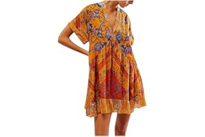 GOHRSHA Womens Bohemian Babydoll Dress Casual Summer Floral Dresses Short Sleeve V Neck Sundress Flowy Ruffle Dress