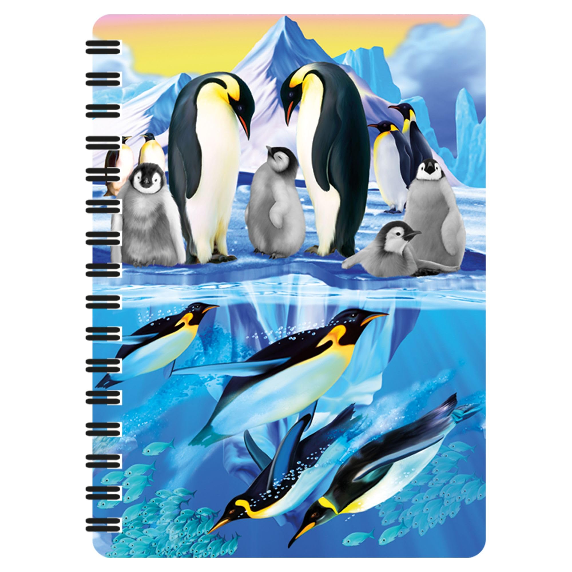 3D LiveLife Jotter - Penguin Plunge from Deluxebase. Lenticular 3D Ocean A6 Spiral Notebook with plain recycled paper pages. Artwork licensed from renowned artist Michael Searle