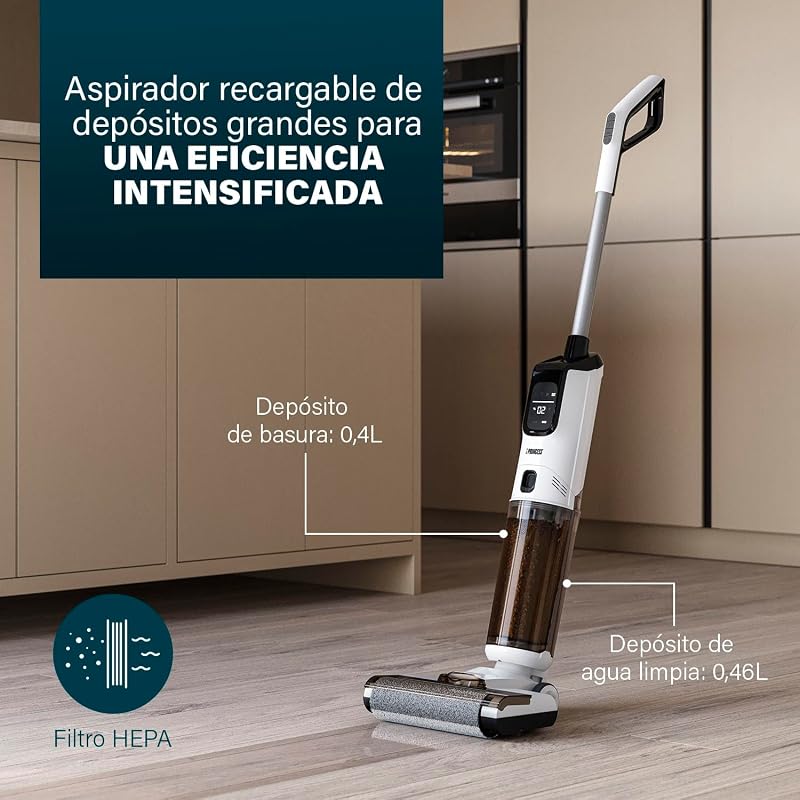 AquaMotion Plus Limpador de Piso, aspiradores 4 em 1, Esfregões & Seca, sem fios, autonomia de 50 minutos, Filtro HEPA, Autolimpeza, 170W, 75dB, ecrã inteligente, base de carregamento, Leve, 337010